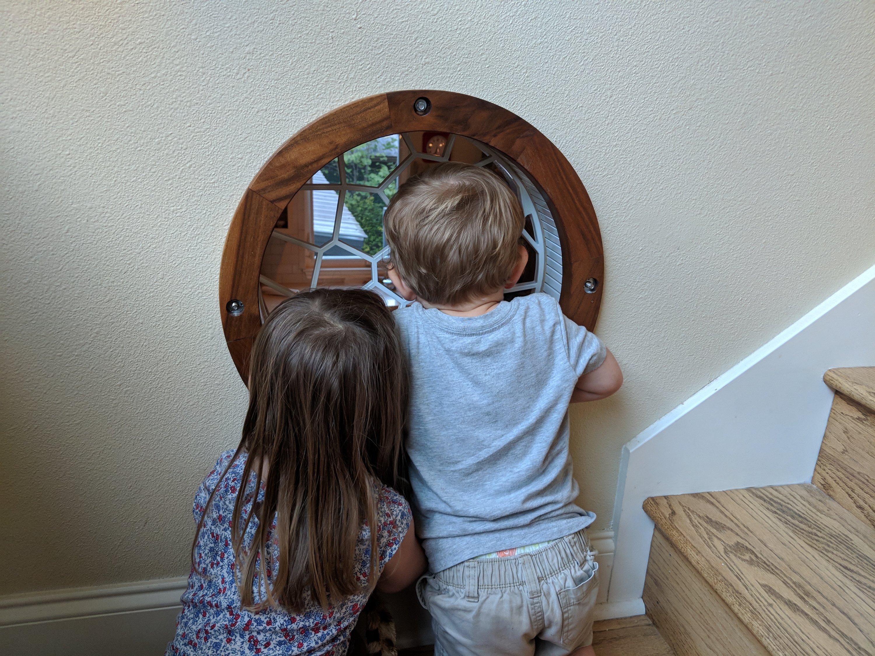 We got the steel grate installed in the kitchen window yesterday. Kids approve of the view.